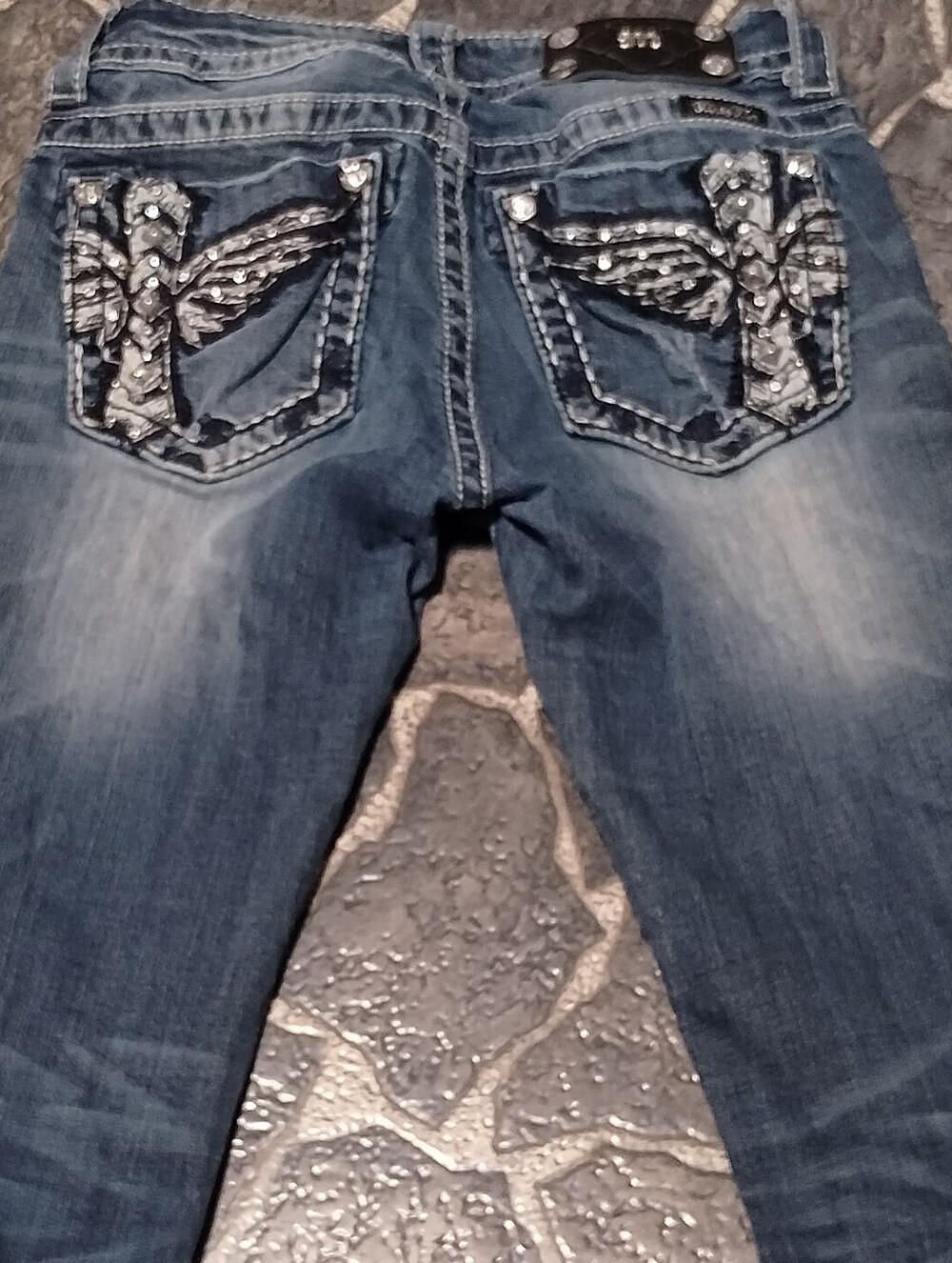 MISS ME Winged Cross Rhinestone Embellished Bootcut Jeans 25 " x 34 " Y2K VGE